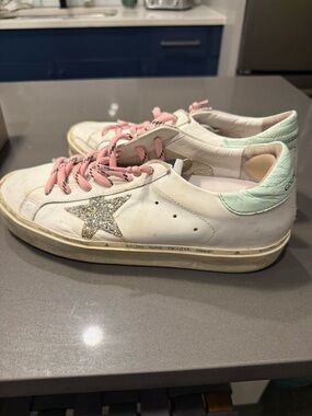 Golden Goose White Leather Sneakers with Mint Heel, Pink Laces & Glitter Star